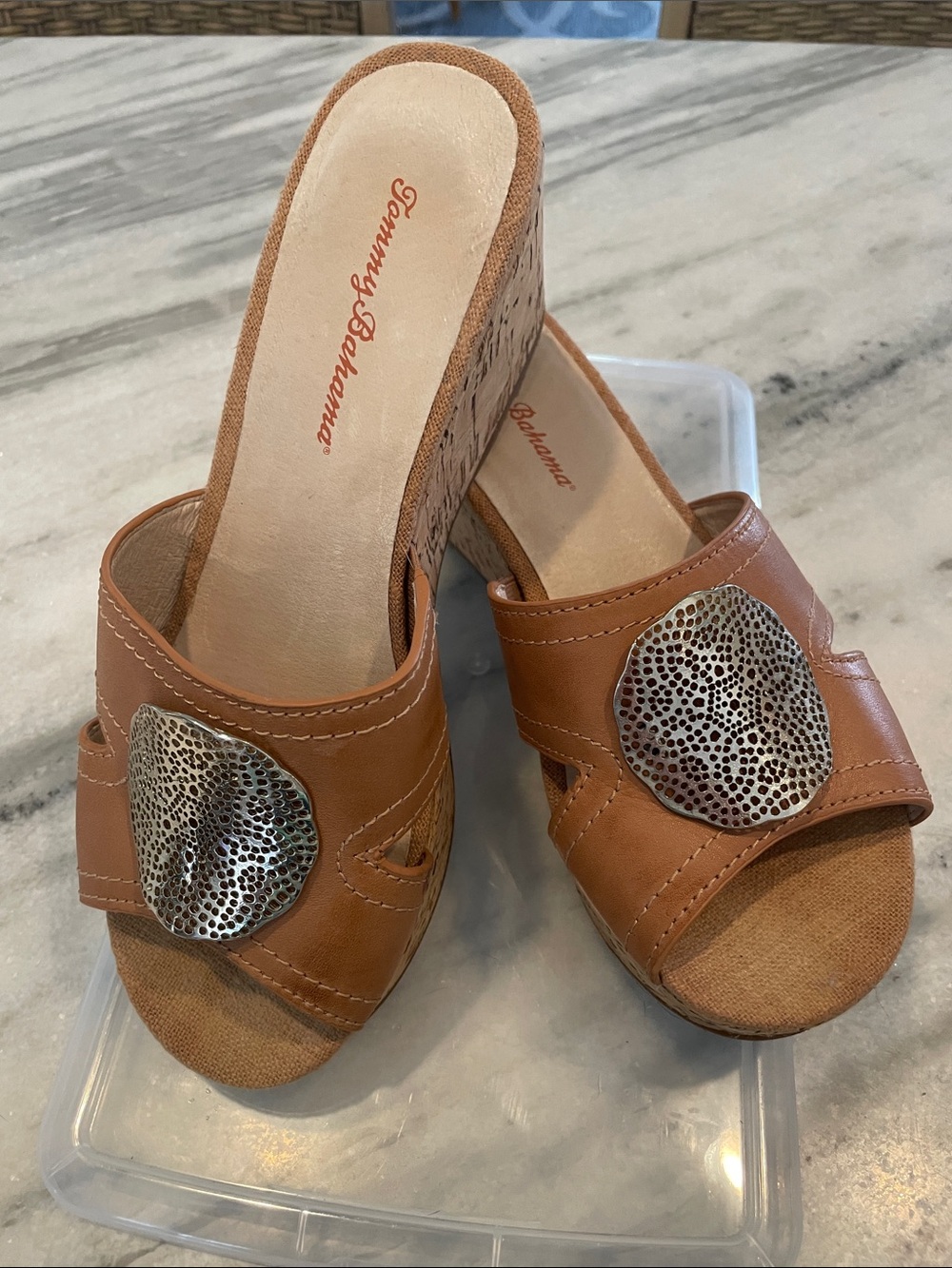 Tommy Bahama Tan Slip-On Mules with Gold Medallion